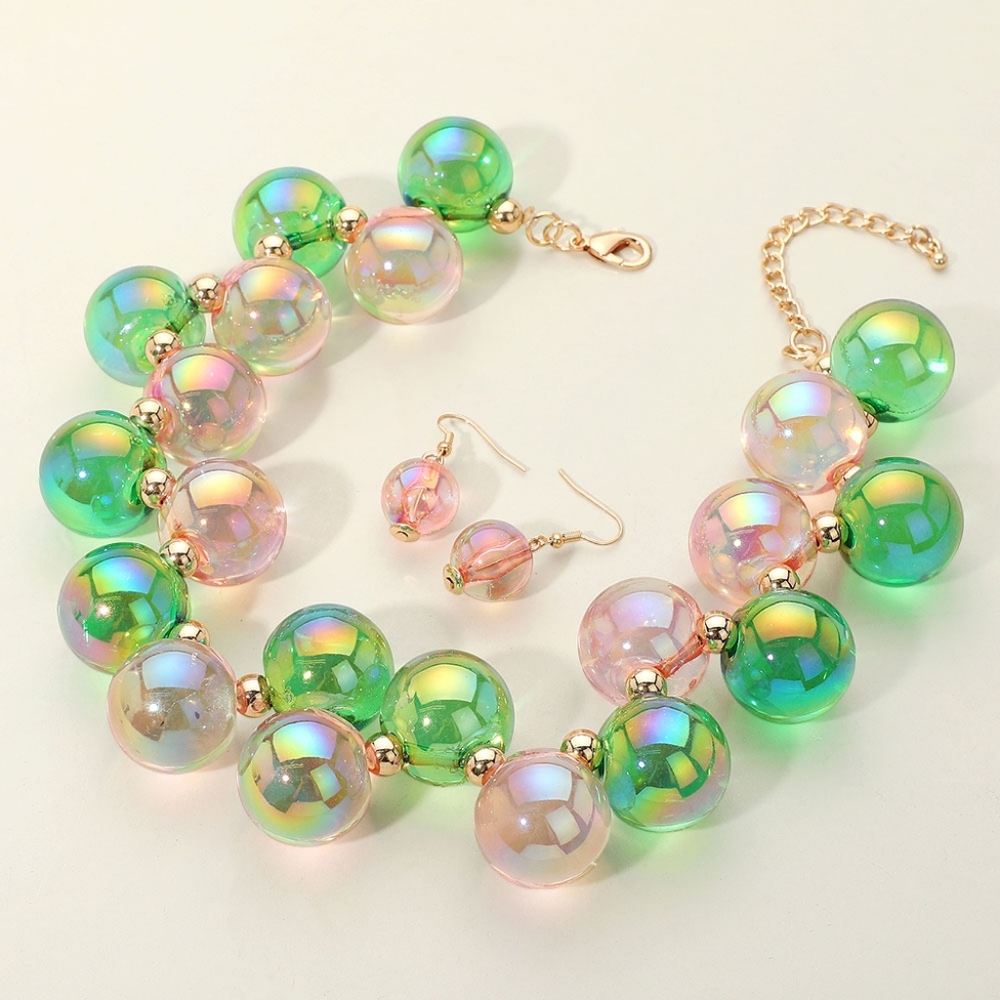 Pink & Green Iridescent Ball Necklace Set Chunky Beaded Fun Statement Jewelry
